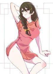 1girl arm_up ass bakemonogatari black_hair braid breasts china_dress chinese_clothes cowboy_shot dress glasses hair_between_eyes hanekawa_tsubasa hatahata_(okkrslk) head_tilt large_breasts looking_at_viewer monogatari_(series) no_panties side_tie_dress simple_background single_braid solo thighs upper_body white_background