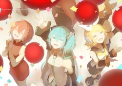 Rule 34 | 2boys, 4girls, aqua eyes, aqua hair, arm up, balloon, birthday, blonde hair, boots, bow, character name, closed eyes, confetti, detached sleeves, fang, from above, hair bow, hair ornament, hairclip, hands up, happy, happy birthday, hatsune miku, headphones, highres, kagamine len, kagamine rin, kaito (vocaloid), light, light particles, long hair, looking up, megurine luka, meiko (vocaloid), multiple boys, multiple girls, necktie, open mouth, own hands together, pink hair, reaching, reaching towards viewer, red hair, saihate (saihate d3), sailor collar, shadow, short hair, shorts, siblings, smile, twins, twintails, vocaloid