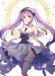 Rule 34 | 1girl, bare shoulders, black hairband, blush, closed mouth, collarbone, commentary request, dress, euryale (fate), euryale (third ascension) (fate), fate/hollow ataraxia, fate (series), flower, frilled hairband, frills, hairband, halo, highres, jewelry, long hair, md5 mismatch, petals, purple eyes, purple hair, resolution mismatch, rose, seungju lee, simple background, skirt hold, sleeveless, sleeveless dress, smile, solo, source smaller, very long hair, white background, white dress, white flower, white rose
