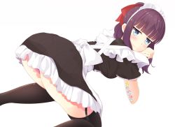 Rule 34 | 1girl, absurdres, all fours, black thighhighs, blue eyes, blush, breasts, copyright name, hair ornament, hair ribbon, highres, long hair, looking at viewer, looking back, maid, maid headdress, medium breasts, new game!, panties, pink panties, ponytail, purple hair, purple panties, ribbon, shaketarako, simple background, solo, takimoto hifumi, thighhighs, underwear, wavy mouth, white background