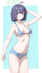 Rule 34 | 1girl, absurdres, armpits, bikini, blue archive, blue bikini, blue eyes, blush, breasts, commentary request, green halo, halo, happy05x, highres, large breasts, looking at viewer, outside border, presenting armpit, purple hair, rabbit platoon (blue archive), saki (blue archive), saki (swimsuit) (blue archive), short hair, simple background, solo, stomach, swimsuit, thighs
