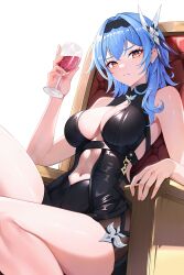 Rule 34 | 1girl, absurdres, asymmetrical hair, black hairband, blue hair, breasts, chair, chinese commentary, closed mouth, clothing cutout, cup, drinking glass, eula (genshin impact), genshin impact, hairband, highres, holding, holding cup, large breasts, looking at viewer, medium hair, navel, orange eyes, sitting, solo, thighs, v-shaped eyebrows, wine glass, zhutou 333