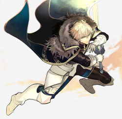 Rule 34 | 1boy, armor, armored boots, black gloves, blonde hair, blue cape, blue eyes, boots, cape, collared cape, excalibur galatine (fate), fate/extra, fate/grand order, fate (series), fighting stance, full body, fur collar, gauntlets, gawain (fate), gloves, holding, holding sword, holding weapon, itefu, knight, knights of the round table (fate), long sleeves, looking to the side, male focus, short hair, solo, sword, weapon