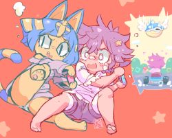 Rule 34 | 1boy, 1girl, animal crossing, animal ears, animal hands, ankha (animal crossing), arms up, bandaid, bandaid on face, bandaid on nose, barefoot, black eyes, blouse, blue hair, blue shell (mario), blush, brown hair, brown shorts, cat ears, cat tail, controller, egyptian, fang, from behind, furry, furry female, game controller, go-kart, gold, grey shirt, hair ornament, hands up, holding, joy-con, knee up, leaning, leg up, long sleeves, mario (series), mario kart, messy hair, motion lines, mushroom, nintendo, nose blush, off shoulder, open mouth, outstretched arms, panties, pawpads, raised eyebrow, red background, shirt, short hair, short shorts, short sleeves, shorts, simple background, sitting, sketch, slit pupils, snake hair ornament, spikes, star (symbol), star hair ornament, starmilk, sweat, tail, underwear, villager (animal crossing), white eyes, white panties, white shirt, wings