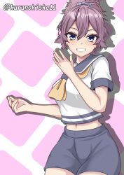 Rule 34 | 1girl, aoba (kancolle), blue scrunchie, commentary request, cowboy shot, grin, hair ornament, hair scrunchie, highres, kantai collection, kurano kisuke, messy hair, neckerchief, one-hour drawing challenge, pink background, ponytail, purple hair, purple sailor collar, purple shorts, sailor collar, sailor shirt, school uniform, scrunchie, serafuku, shirt, shorts, smile, solo, twitter username, two-tone background, white shirt, yellow neckerchief