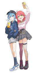 Rule 34 | 2girls, ahoge, alternate costume, asymmetrical legwear, black baseball cap, black footwear, blue eyes, blue hair, blue hoodie, blue socks, blush, brat (brabrabrat00), cellphone, choker, clothes writing, commentary, cup, disposable cup, drink, drinking straw, fishnet thighhighs, fishnets, full body, green eyes, grey skirt, hand in pocket, highres, holding, holding another&#039;s arm, holding cup, holding drink, holding phone, hololive, hood, hood down, hoodie, hoshimachi suisei, long sleeves, medium hair, micomet (hololive), mismatched legwear, multiple girls, open mouth, parted lips, phone, pink hair, pink shirt, plaid, plaid skirt, pleated skirt, purple thighhighs, sakura miko, selfie, shirt, shoes, shorts, sidelocks, simple background, skirt, smartphone, smile, sneakers, socks, standing, star (symbol), star choker, symbol-only commentary, thighhighs, virtual youtuber, white background, white footwear, white shorts