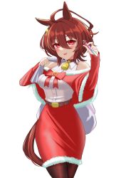 Rule 34 | 1girl, absurdres, agnes tachyon (umamusume), ahoge, alternate costume, animal ears, bare shoulders, bell, black pantyhose, blush, breasts, brown hair, capelet, christmas, commentary request, detached sleeves, earrings, fur-trimmed capelet, fur-trimmed skirt, fur trim, hair between eyes, highres, holding, holding sack, holding test tube, horse ears, horse girl, horse tail, jewelry, looking at viewer, medium breasts, neck bell, pantyhose, pencil skirt, red capelet, red hair, red skirt, red sleeves, sack, shirt, short hair, single earring, skirt, smile, solo, tail, test tube, umamusume, white shirt, yuuki (yu-ki0701)