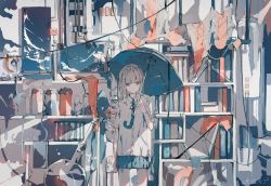 Rule 34 | 1girl, aiamu iamu, artist name, blonde hair, blue eyes, blue skirt, book, bookshelf, brown hair, cage, clothing request, cloud, commentary, commentary request, flower, heterochromia, highres, holding, original, photo (object), purple eyes, reflection, shirt, signature, skirt, sky, smoking pipe, umbrella, white shirt, wire