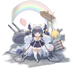 Rule 34 | 1girl, aged down, ankle strap, artist request, azur lane, balloon, bell, black footwear, blue eyes, blue hair, dress, fang, garter straps, grey hair, hair bell, hair ornament, highres, little cheshire (azur lane), manjuu (azur lane), medium hair, multicolored hair, official art, open mouth, short dress, skin fang, smile, solo, standing, streaked hair, thighhighs, transparent background, two-tone hair, white thighhighs
