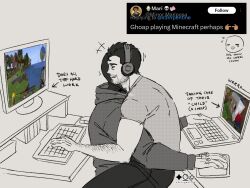 Rule 34 | 2boys, arm hair, at computer, bara, beard stubble, black hair, call of duty, call of duty: modern warfare 2, couple, facial hair, from side, ghost (modern warfare 2), greyscale, headphones, highres, hood, hoodie, keyboard (computer), laughing, male focus, mask, mature male, minecraft, monitor, monochrome, mouse (computer), mousepad (object), multiple boys, mustache stubble, ser (s3rrrpentine), shirt, short hair, sitting, sitting on lap, sitting on person, skull mask, soap (modern warfare 2), straddling, stubble, t-shirt, thick eyebrows, toned, toned male, tweet, typing, undercut, upright straddle, yaoi