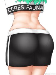Rule 34 | 1girl, ass, ass focus, ceres fauna, close-up, clothes writing, coco (taiggerrock), from behind, green hair, highres, hololive, hololive dance practice uniform, hololive english, official alternate costume, pantylines, shirt, shorts, solo, virtual youtuber, white background