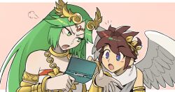 Rule 34 | 1boy, 1girl, ancient greek clothes, angel, angel wings, armlet, blue eyes, blushily, border, brown hair, chiton, derivative work, forehead jewel, green eyes, green hair, handheld game console, holding, holding handheld game console, kid icarus, kid icarus uprising, laurel crown, long hair, looking at another, nintendo, nintendo 3ds, open mouth, outside border, palutena, pit (kid icarus), screenshot redraw, upper body, v-shaped eyebrows, white border, wings