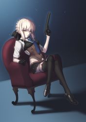 Rule 34 | 1girl, absurdres, ahoge, alternate costume, artoria pendragon (all), artoria pendragon (fate), belt, black footwear, black gloves, black legwear, black ribbon, black skirt, black vest, blonde hair, boa (brianoa), bolt action, braid, braided bun, breasts, buckle, chair, corset, cosplay, crossed legs, dress shoes, eyes visible through hair, fate/stay night, fate (series), girls&#039; frontline, gloves, glowing, gun, hair between eyes, hair bun, hair ribbon, half gloves, handgun, highres, holding, holding gun, holding weapon, holster, integral suppressor, integrally-suppressed firearm, light particles, looking at viewer, manual firearm, medium breasts, miniskirt, on chair, parted lips, pinstripe pattern, pinstripe vest, pleated skirt, ribbon, saber (fate), saber alter, shirt, short hair, short sleeves, sidelocks, sitting, skirt, sleeves rolled up, solo, striped clothes, striped vest, suppressor, thigh holster, tsurime, type-moon, vest, weapon, welrod, welrod mk ii, welrod mkii (girls&#039; frontline), welrod mkii (girls&#039; frontline) (cosplay), yellow eyes