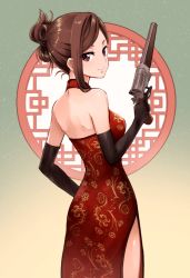Rule 34 | 1girl, backless dress, backless outfit, black gloves, brown hair, china dress, chinese clothes, closed mouth, cowboy shot, dorothy (princess principal), dress, elbow gloves, folded ponytail, from side, gloves, gun, handgun, holding, holding gun, holding weapon, long hair, looking at viewer, looking back, niina ryou, princess principal, purple eyes, red dress, revolver, side slit, sidelocks, smile, solo, trigger discipline, weapon, window