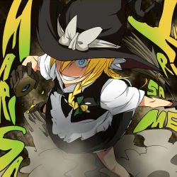 Rule 34 | 1girl, apron, black hat, blonde hair, blue eyes, boots, braid, broom, character name, crazy eyes, dress, dust cloud, female focus, from above, green hat, grin, hair ribbon, hat, kirisame marisa, mini-hakkero, pageratta, ribbon, romaji text, smile, solo, touhou, vest, witch, witch hat
