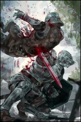 Rule 34 | 1boy, 1other, armor, battle, blood, blood on clothes, blood splatter, bloody weapon, blurry, blurry foreground, breastplate, commentary, demon&#039;s souls, full armor, full body, gauntlets, greaves, helmet, highres, holding, holding shield, holding sword, holding weapon, impaled, looking away, nslacka, on one knee, outdoors, pauldrons, planted, planted sword, planted weapon, shield, shoulder armor, slayer of demons, stab, sword, weapon
