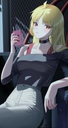 Rule 34 | 1girl, absurdres, ahoge, black choker, black shirt, blonde hair, blush, bocchi the rock!, carton, choker, closed mouth, collarbone, highres, holding, holding carton, ijichi seika, indoors, leavv, long hair, long sleeves, looking to the side, pants, red eyes, shirt, sitting, solo, white pants