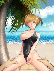 Rule 34 | 1boy, 1girl, abs, absurdres, beach, blonde hair, blush, blush stickers, breasts, clitoral stimulation, clitoris, clothing aside, collarbone, command spell, commission, commissioner upload, competition swimsuit, covered erect nipples, covered navel, cowgirl position, day, fate/grand order, fate (series), fujimaru ritsuka (male), gareth (fate), green eyes, hands on another&#039;s thighs, hetero, highres, large breasts, multicolored clothes, multicolored swimsuit, nipples, non-web source, ocean, off shoulder, one-piece swimsuit, one breast out, one eye closed, outdoors, palm tree, penis, pov, pussy, sex, signature, smile, solo focus, straddling, swimsuit, tree, trembling, vaginal, yashrimp