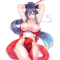Rule 34 | armpits, arms behind head, arms up, breasts, breasts apart, cleavage, collarbone, fatal fury, folded fan, folding fan, gloves, hair ornament, hairclip, half updo, hand fan, hip focus, japanese clothes, large breasts, long hair, nijisanji, ninja, pelvic curtain, ponytail, purple hair, revealing clothes, rope, shiranui mai, shizuka rin, shu-mai, simple background, snk, the king of fighters, very long hair, virtual youtuber, white background, yellow eyes