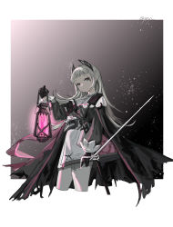 Rule 34 | 1girl, absurdres, arknights, black jacket, capelet, commentary request, cropped legs, grey eyes, grey hair, highres, holding, holding lantern, holding sword, holding weapon, irene (arknights), jacket, lantern, long hair, long sleeves, looking at viewer, pantyhose, puffy long sleeves, puffy sleeves, sheath, skirt, solo, sword, unsheathed, weapon, white capelet, white pantyhose, white skirt, yeyi (ukpw7828)