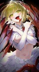 Rule 34 | 1girl, absurdres, blonde hair, blood, blood on face, blood on hands, bloody wings, blush, body fur, breasts, chimera, commentary request, dungeon meshi, falin touden, falin touden (chimera), fangs, feathered wings, feathers, head tilt, highres, large breasts, large wings, looking at viewer, monster girl, navel, open mouth, pb q, short hair, solo, spoilers, talons, teeth, tongue, white feathers, white fur, wings, x arms, yellow eyes