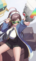 Rule 34 | 1girl, absurdres, adjusting eyewear, ahoge, armor, black necktie, black skirt, breasts, brown eyes, brown hair, character request, collared shirt, commentary request, copyright request, feet out of frame, glasses, green-framed eyewear, hand up, headphones, highres, holding, holding weapon, korean commentary, large breasts, long hair, long sleeves, necktie, one eye closed, open mouth, shirt, sitting, skirt, smile, solo, su2ro, thighs, weapon, white shirt, wooden box
