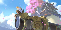 Rule 34 | 1boy, absurdres, blue sky, cherry blossoms, cloud, highres, light brown hair, link, nintendo, ruoruoqiuu, scenery, shield, shield on back, short ponytail, sidelocks, sitting, sky, solo, the legend of zelda, the legend of zelda: breath of the wild, tree, wide shot