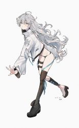 Rule 34 | 1girl, black panties, black thighhighs, blue choker, choker, grey eyes, grey hair, highres, jacket, long hair, long sleeves, long torso, looking at viewer, mimelond, no pants, original, panties, parted lips, shoes, simple background, single thighhigh, solo, thighhighs, thighs, underwear, very long hair, white background, white jacket