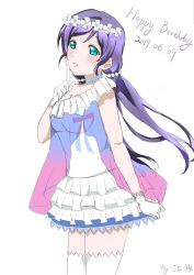 Rule 34 | 1girl, aqua eyes, artist name, artist request, bare shoulders, blue bow, blue dress, blue footwear, blush, bow, bracelet, breasts, collar, collarbone, detached collar, diamond (shape), dress, earrings, female focus, flower wreath, frilled collar, frilled dress, frilled thighhighs, frills, gloves, green eyes, hair ornament, head wreath, high heels, idol, jewelry, large breasts, leg up, long hair, looking at viewer, love live!, love live! school idol festival, love live! school idol project, low twintails, parted bangs, purple hair, see-through, sleeveless, sleeveless dress, smile, solo, strapless, strapless dress, thighhighs, tojo nozomi, twintails, white background, white dress, white gloves, white thighhighs, yume no tobira