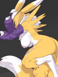 Rule 34 | 1girl, animal ears, ass, black background, black sclera, blue eyes, breasts, colored sclera, detached sleeves, digimon, digimon (creature), furry, furry female, highres, kame (3t), large breasts, nipples, nude, purple sleeves, renamon, simple background, solo, tail, two-tone fur, white fur, yellow fur, yin yang