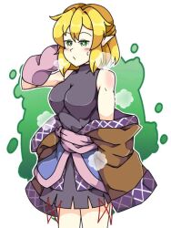 Rule 34 | 1girl, arm warmers, black dress, blonde hair, blush, body blush, breasts, breath, brown shirt, commentary, cowboy shot, dress, green eyes, half updo, looking at viewer, medium breasts, mizuhashi parsee, neferkitty, off shoulder, open mouth, pink sash, pointy ears, sash, shirt, short hair, short sleeves, sleeveless, sleeveless dress, solo, touhou, white background