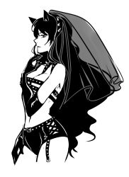Rule 34 | 1girl, animal ears, bad id, bad twitter id, belt, belt buckle, black hair, blake belladonna, breasts, buckle, cat ears, cat girl, choker, cleavage, closed mouth, cowboy shot, cropped legs, elbow gloves, expressionless, from side, garter straps, gloves, greyscale, hand on thigh, highres, inactive account, long hair, medium breasts, monochrome, navel, profile, rwby, shorts, simple background, solo, spikes, standing, stray liger, studded belt, upper body, veil, white background