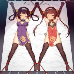 Rule 34 | 2girls, ^ ^, ahoge, armpits, arms up, artist name, asymmetrical legwear, azur lane, bare shoulders, bdsm, black gloves, black hair, black legwear, black panties, blush, bondage, bound, bound ankles, bound wrists, breasts, breasts apart, brown hair, china dress, chinese clothes, cleavage cutout, closed eyes, clothing cutout, collar, covered navel, dark, dragon print, dress, elbow gloves, female focus, from above, full body, gloves, hair ornament, hair rings, hairband, holding hands, huoji (wonderturkey), interlocked fingers, light blush, long hair, lying, medium breasts, mismatched legwear, multiple girls, ning hai (azur lane), o-ring, o-ring bottom, o-ring panties, on back, on bed, open mouth, outstretched arms, panties, pelvic curtain, ping hai (azur lane), purple dress, red dress, rope, see-through, side-tie panties, side slit, sidelocks, signature, skindentation, sleeping, sleeveless, sleeveless dress, small breasts, spread legs, string panties, symmetry, thighhighs, twintails, underwear, white background, white hairband, white panties