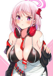 Rule 34 | 1girl, absurdres, between breasts, bikini, blue archive, blush, breasts, eimi (blue archive), hair ornament, halo, headphones, headphones around neck, highres, large breasts, long hair, navel, necktie, necktie between breasts, off shoulder, open clothes, open mouth, open shirt, pink eyes, pink hair, red necktie, shirt, simple background, solo, sweat, swimsuit, tomozero, two-tone background, upper body, white shirt, zipper
