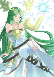 Rule 34 | 1girl, absurdres, breasts, chain, collarbone, commentary, diadem, dress, gold chain, green eyes, green hair, highres, kid icarus, kid icarus uprising, long hair, looking at viewer, medium breasts, nintendo, palutena, show (0326lfs), single thighhigh, solo, strapless, strapless dress, thighhighs, vambraces, very long hair