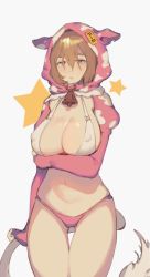 Rule 34 | 1girl, animal ears, animal hood, bad id, bad pixiv id, bell, blush, breasts, brown eyes, brown hair, cleavage, closed mouth, collar, covered erect nipples, cow ears, cow girl, cow hood, cow tail, cowboy shot, freng, grey background, hair over eyes, hood, hood up, large breasts, long hair, looking at viewer, navel, neck bell, original, sidelocks, simple background, solo, star (symbol), starry background, tail, thick eyebrows, thighs