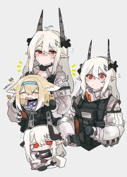Rule 34 | 2girls, animal ears, arknights, blonde hair, blue hairband, blush, braid, chibi, closed eyes, closed mouth, cropped torso, expressionless, fox ears, grey background, hairband, hammer, highres, holding, holding hammer, holding weapon, horns, long hair, looking at viewer, mudrock (arknights), multiple girls, multiple views, odmised, open mouth, pointy ears, red eyes, simple background, suzuran (arknights), sweatdrop, weapon, white hair