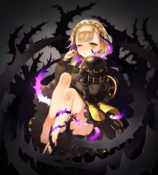 Rule 34 | 1girl, axe, barefoot, black dress, blonde hair, blush, braid, briar rose (sinoalice), crown braid, doll, dress, frilled sleeves, frills, half-closed eye, hand up, looking at viewer, one eye closed, parted lips, short hair, sinoalice, sitting, solo, thorns, weapon, yakibird, yellow eyes
