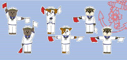 Rule 34 | animal, bad id, bad pixiv id, blue background, buckle, clothed animal, dog, flag, full body, furry, hat, holding, jacket, kumagai haito, looking at viewer, military, multiple views, original, pants, sailor, sailor hat, semaphore flags, simple background, translation request, uniform