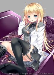 Rule 34 | 1girl, ahoge, bad id, bad pixiv id, black bow, black bowtie, black thighhighs, blonde hair, blue eyes, blush, bow, bowtie, breasts, buttons, chestnut mouth, coffin, feet, frills, garter straps, grey background, grey shirt, haguda tofu (hakudatofu), hand in own hair, highres, lab coat, long hair, long sleeves, looking at viewer, no shoes, original, parted lips, shinkai no valkyrie, shirt, simple background, sitting, solo, thighhighs, very long hair, zettai ryouiki