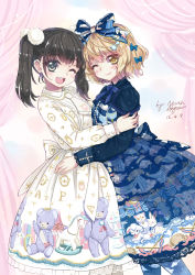 Rule 34 | 2girls, ;d, angelic pretty, animal print, artist name, bear print, black eyes, black hair, blonde hair, blue bow, blue dress, blue neckwear, bow, center frills, cloud print, commentary, curtains, dated, dress, frilled sleeves, frills, hair bobbles, hair bow, hair ornament, highres, hug, lace, lace-trimmed dress, lace trim, lolita fashion, looking at viewer, multiple girls, neck ribbon, necktie, north abyssor, one eye closed, open mouth, original, pantyhose, pink curtains, print dress, print legwear, ribbon, rocking horse, short hair, smile, star (symbol), star hair ornament, stuffed animal, stuffed toy, teddy bear, twintails, white dress, white neckwear