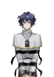 Rule 34 | 1boy, absurdres, blue eyes, blue hair, capelet, chinese commentary, closed mouth, commentary request, gold trim, highres, lanyard, looking at viewer, male focus, saibou shinkyoku, shirt, short hair, simple background, solo, straitjacket, utsugi noriyuki, white background, white capelet, white shirt, wotmyijingwuyuwuqiule