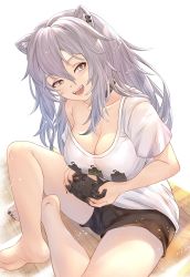 Rule 34 | 1girl, :d, absurdres, animal ear fluff, animal ears, barefoot, black choker, black nails, black shorts, breasts, choker, cleavage, collarbone, controller, earrings, fangs, game controller, grey hair, hair between eyes, highres, holding, holding controller, hololive, honkivampy, jewelry, large breasts, lion ears, lion girl, long hair, looking at viewer, nail polish, no bra, open mouth, shirt, shishiro botan, shishiro botan (casual), short shorts, shorts, simple background, single bare shoulder, sitting, smile, solo, t-shirt, teeth, thighs, toenail polish, toenails, upper teeth only, virtual youtuber, wavy hair, white background, white shirt, yellow eyes
