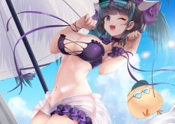 Rule 34 | 1girl, animal ears, arm garter, arms up, azur lane, bare shoulders, beach umbrella, bikini, blue sky, blunt bangs, bow, bowtie, breasts, bridal garter, cat ears, cheshire (azur lane), cheshire (summery date!) (azur lane), cleavage, closed mouth, cloud, cowboy shot, day, eyewear on head, fake animal ears, fang, frills, highres, large breasts, lens flare, looking at viewer, multicolored hair, nail polish, navel, one eye closed, outdoors, purple bikini, purple bow, purple bowtie, purple hair, rin2008, sarong, see-through, shiny skin, short hair, skin fang, sky, solo, standing, stomach, strapless, strapless bikini, streaked hair, string bikini, sunglasses, swimsuit, tinted eyewear, two-tone hair, umbrella