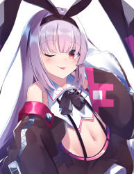 Rule 34 | 1girl, ;p, absurdres, azur lane, bare shoulders, black bow, black hairband, black ribbon, black skirt, bow, brown jacket, closed mouth, collared shirt, commentary request, hair between eyes, hair ribbon, hairband, hand up, highres, hobby (azur lane), jacket, long hair, long sleeves, midriff, navel, off shoulder, one eye closed, open clothes, open jacket, puffy long sleeves, puffy sleeves, purple hair, red eyes, ribbon, shirt, simple background, skirt, sleeveless, sleeveless shirt, sleeves past fingers, sleeves past wrists, smile, solo, suisen-21, suspender skirt, suspenders, tongue, tongue out, very long hair, white background, white shirt, zipper pull tab