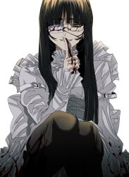 1girl black_eyes black_hair black_pants blood blood_on_clothes blood_on_eyewear blood_on_face commentary dress eyepatch glasses hand_up highres holding holding_knife hoshi_san_3 index_finger_raised knife long_hair long_sleeves looking_at_viewer open_mouth original pants simple_background solo white_background white_dress