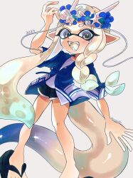 Rule 34 | 1girl, 2024, absurdres, artist name, black shorts, blue hair, chinese zodiac, commentary, eyelashes, fake horns, fake tail, gradient hair, grey eyes, head wreath, highres, horns, inkling, inkling girl, inkling player character, long hair, multicolored hair, nintendo, open mouth, payayo884, sandals, short shorts, shorts, simple background, smile, solo, sparkle, splatoon (series), splatoon 3, standing, tail, teeth, tentacle hair, thick eyebrows, twitter username, two-tone hair, white background, white hair, white trim, year of the dragon