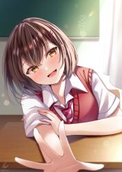 Rule 34 | 1girl, :d, ai ai gasa, blush, brown hair, collared shirt, commentary request, curtains, day, desk, diagonal-striped clothes, diagonal-striped necktie, hair between eyes, hair ornament, hairclip, head tilt, highres, indoors, looking at viewer, necktie, open mouth, original, purple necktie, sakura hiyori, school desk, school uniform, shirt, short sleeves, smile, solo, striped clothes, sunlight, sweater vest, upper body, white shirt, yellow eyes