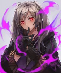 Rule 34 | 1girl, cape, dark persona, evil smile, fire emblem, fire emblem awakening, fire emblem heroes, gloves, grima (fire emblem), highres, hood, kamu (kamuuei), long hair, looking at viewer, nintendo, red eyes, robe, robin (female) (fire emblem), robin (fire emblem), simple background, smile, solo, twintails, white hair, wizard