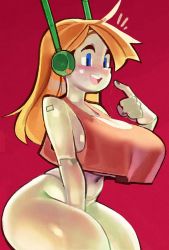 Rule 34 | 1girl, blonde hair, blue eyes, blush, breasts, curly brace, doukutsu monogatari, humanoid robot, joints, large breasts, navel, no pants, open mouth, red background, red tank top, robot, robot ears, robot joints, solo, tank top, thighs, wamudraws
